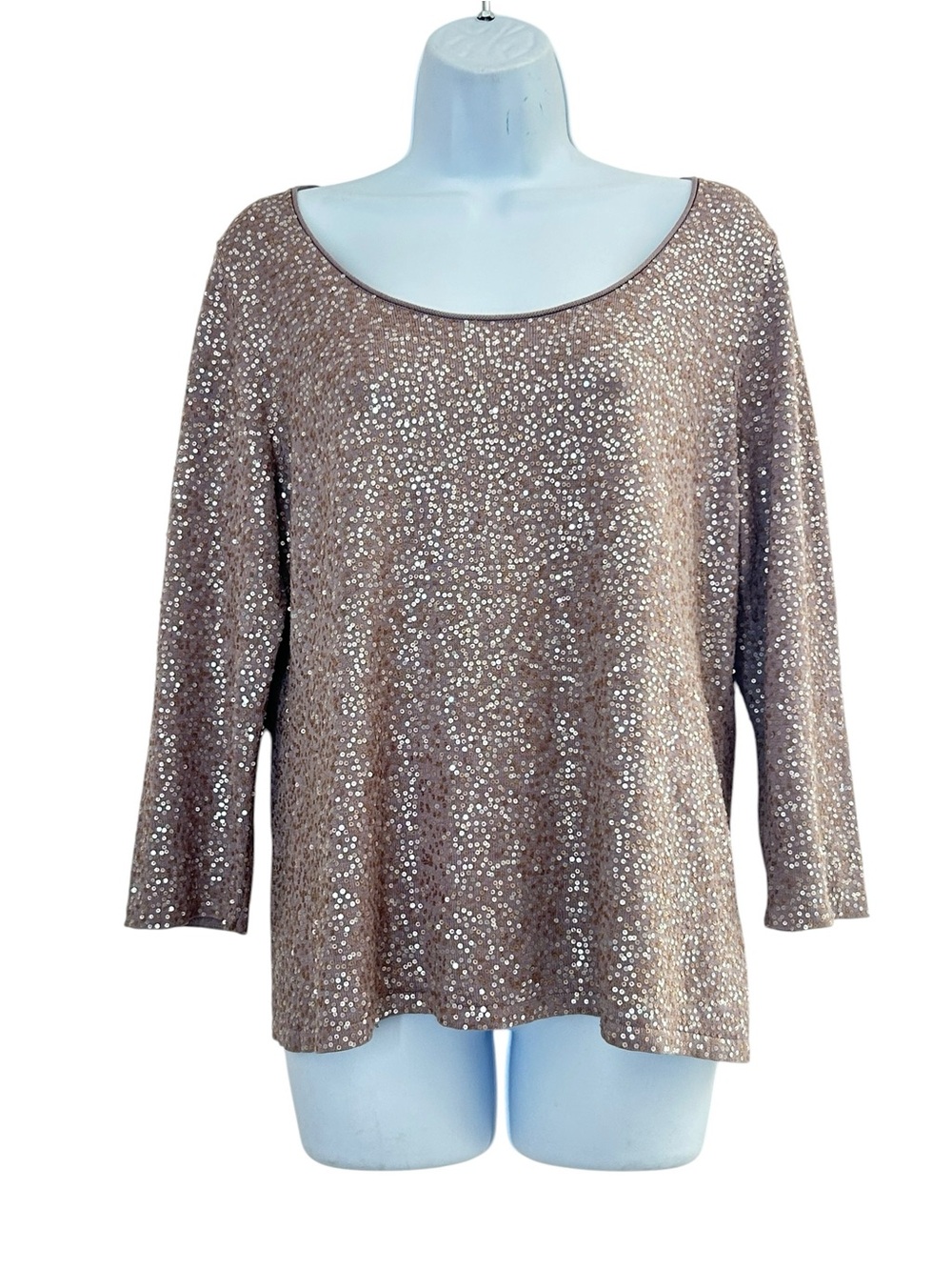 Eileen Fisher Silk Mauve Taupe Mini Sequin Scoop Neck Sweater Top Size M